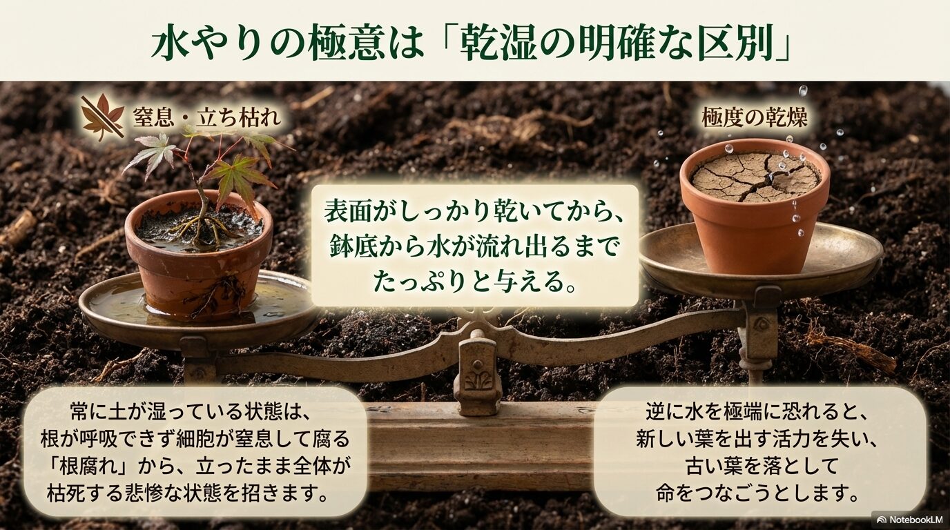 常に土が湿っている状態による根腐れと、極度の乾燥による葉落ちを防ぐ水やりの極意