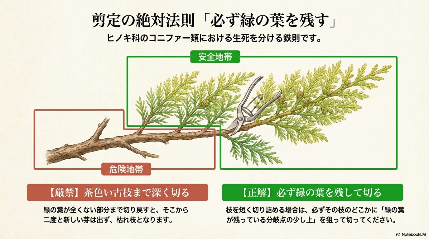 ヒノキ科コニファーの剪定の絶対法則（緑の葉を残す安全地帯と茶色い古枝の危険地帯）