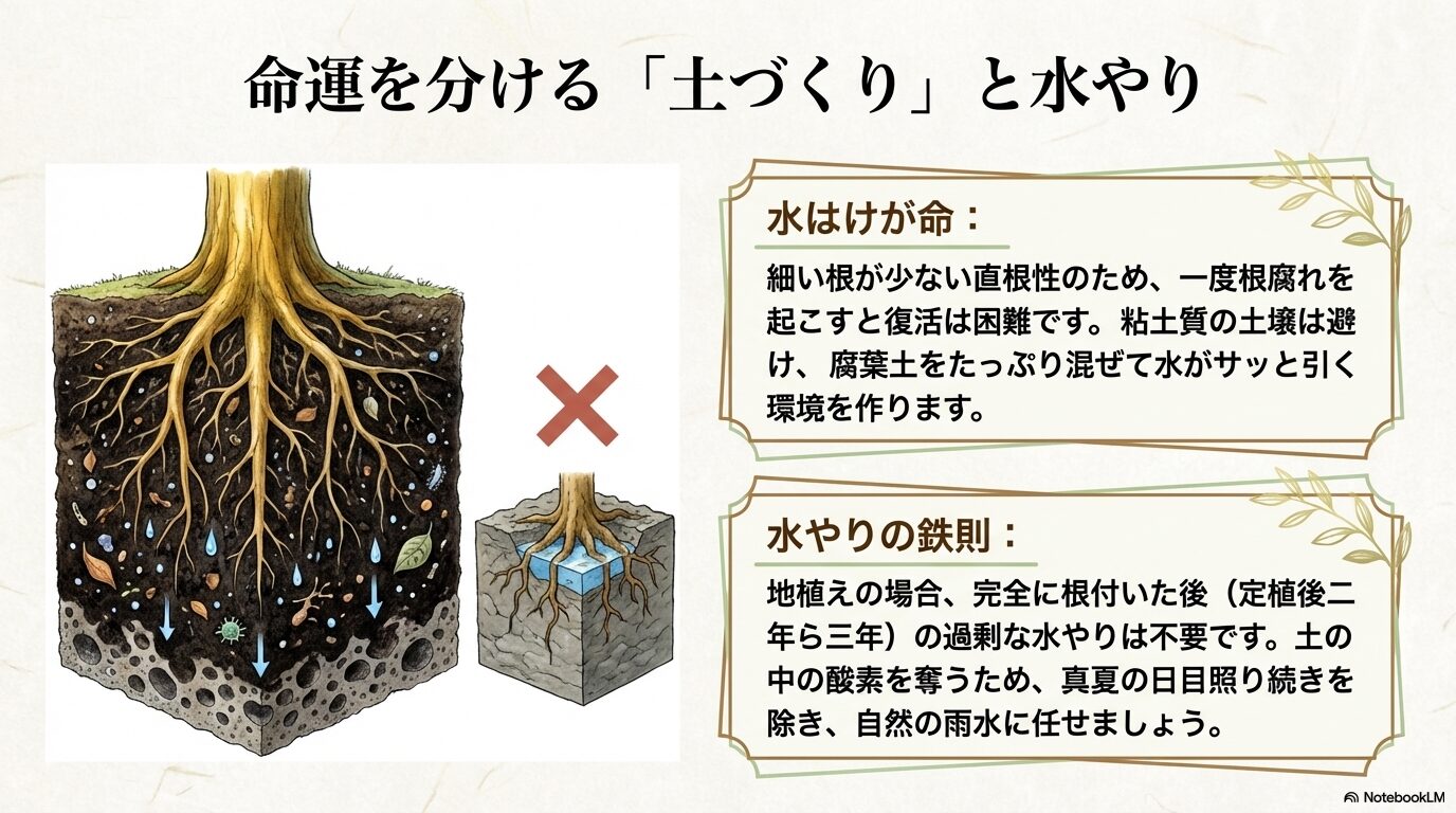 エレガンテシマの直根性の構造と水はけの良い土づくりの重要性