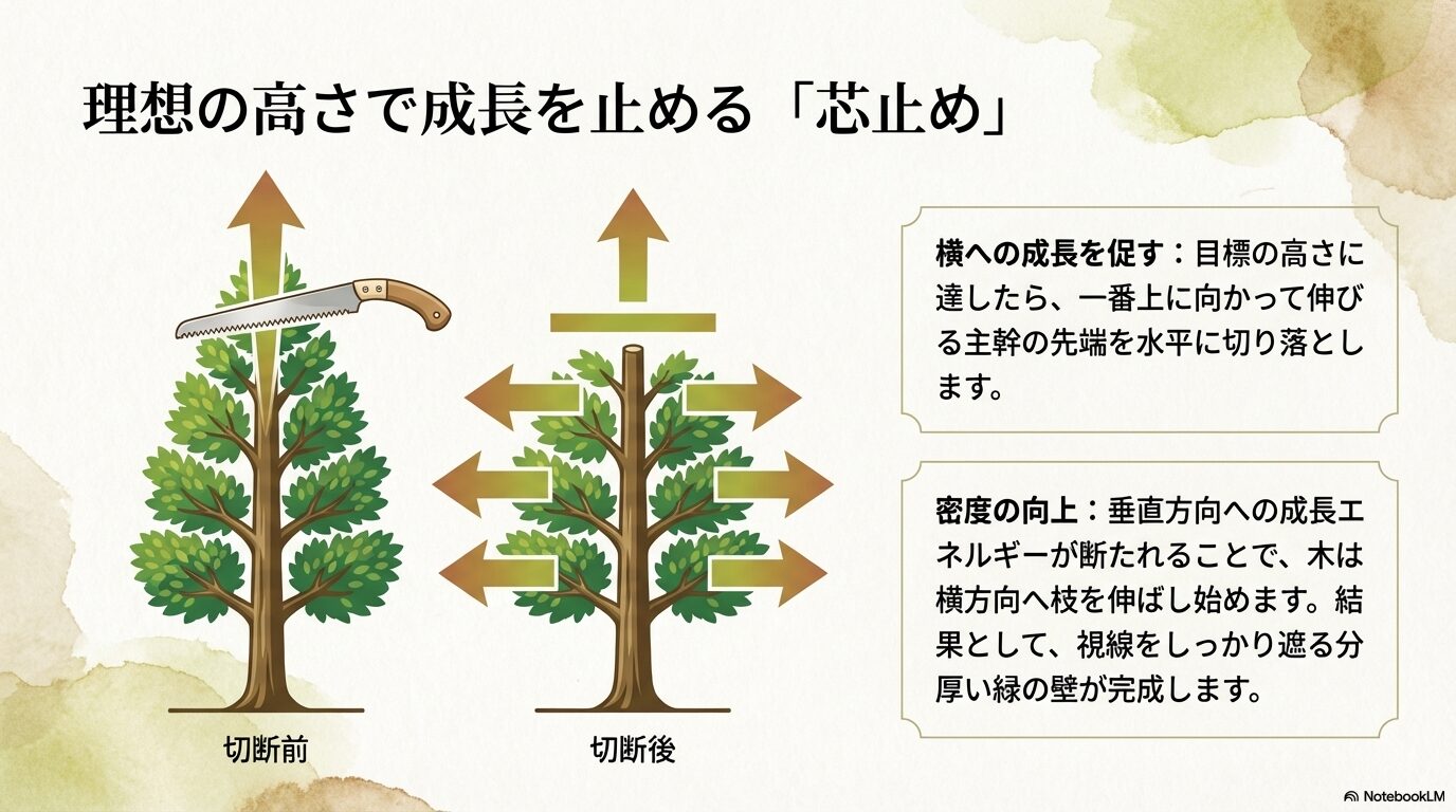 エレガンテシマの主幹の先端を水平に切り落とす芯止めの図解
