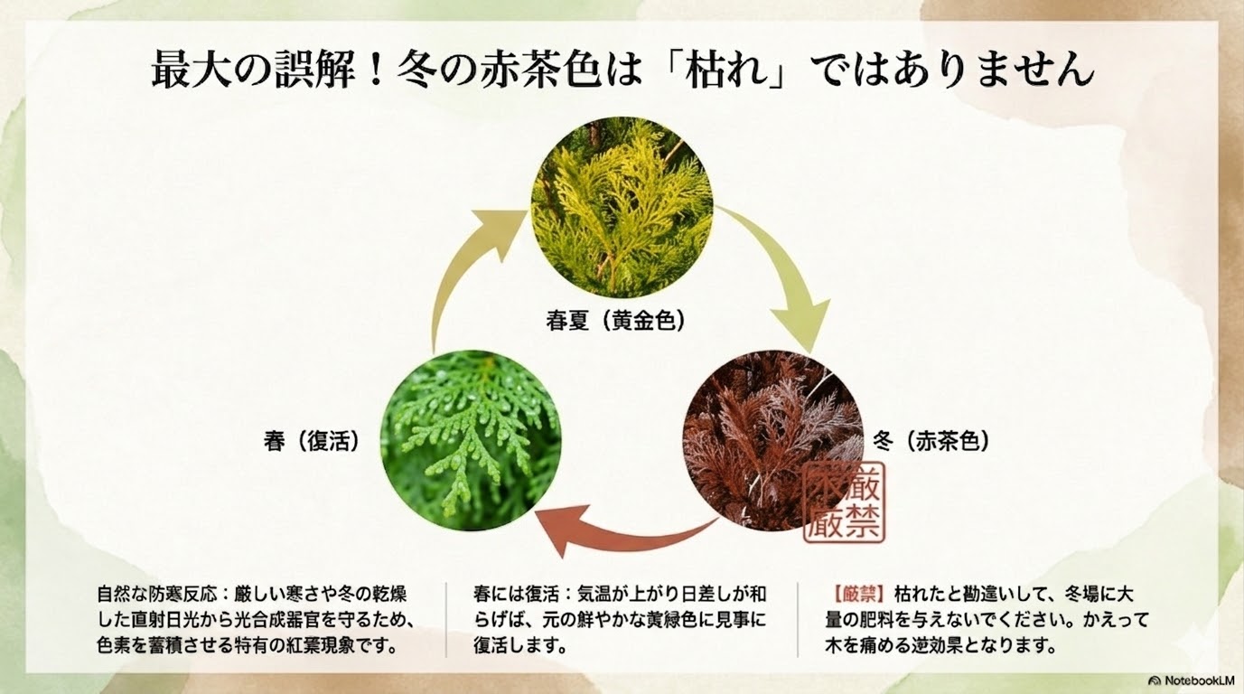 エレガンテシマの季節ごとの葉色変化（冬の赤茶色は枯れではなく防寒反応）