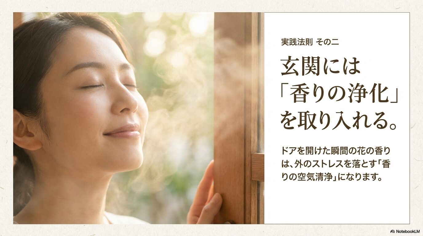 実践法則その二。玄関には香りの浄化を取り入れ、外のストレスを落とす。