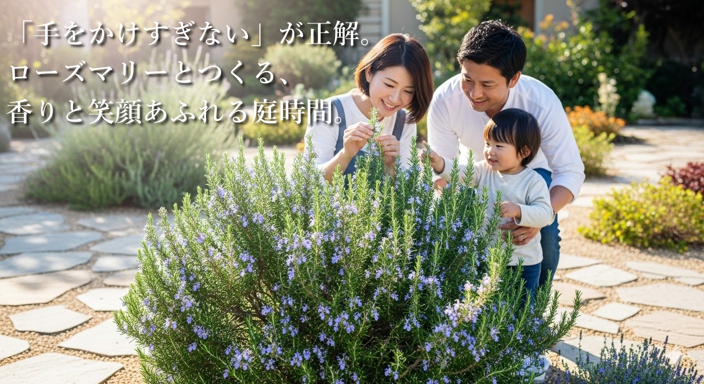 初夏に爽やかなブルーの花を咲かせたローズマリーの香りを、庭で笑顔で楽しむ家族の様子