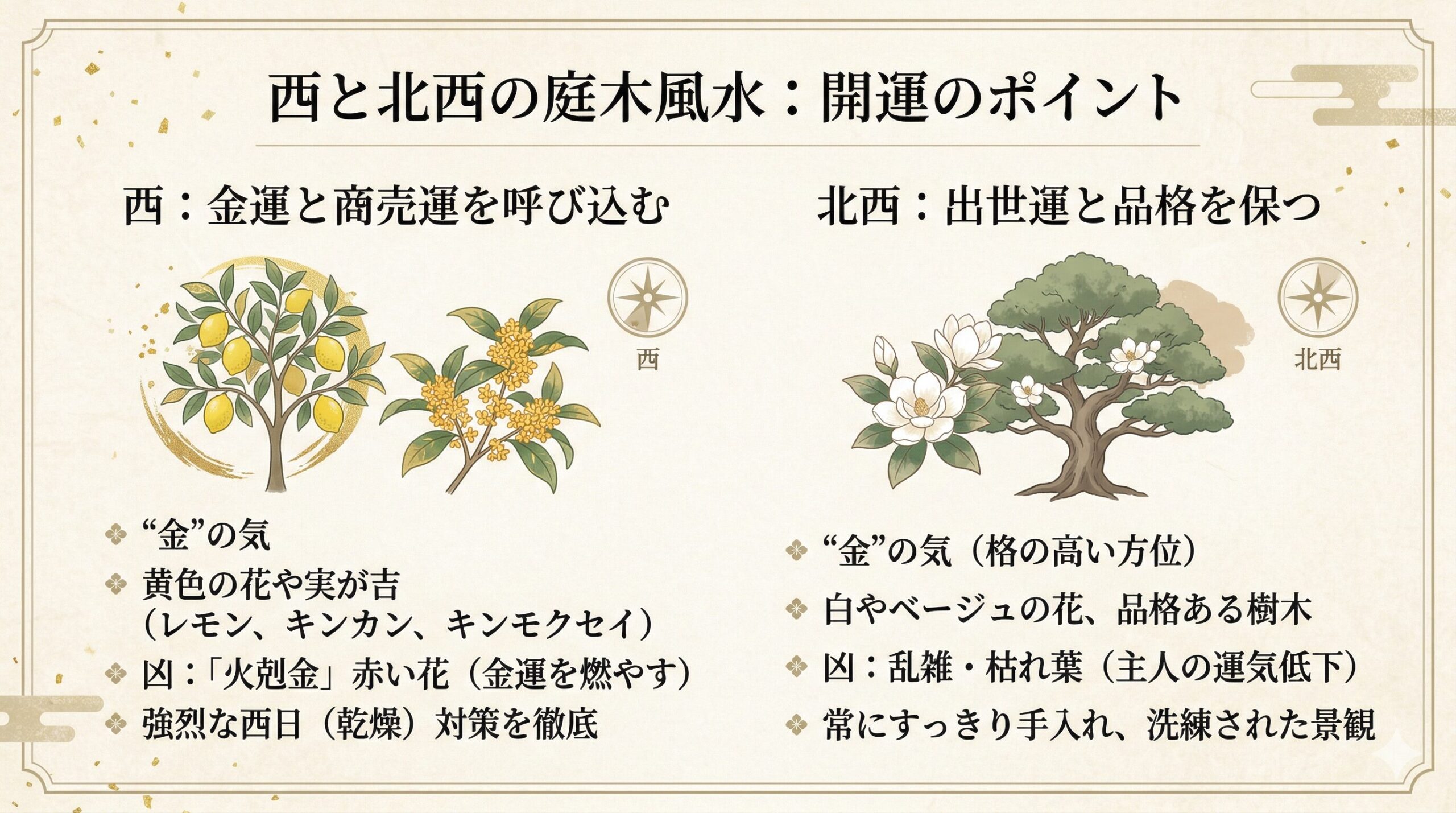 西と北西の庭木に関する風水対策をまとめたスライド画像。西は金運・商売運の方位で、黄色い花や実を推奨（レモン、キンカン、キンモクセイ）。タブーは赤い花（金運を燃やす）や強烈な西日（乾燥）。北西は主人の出世運・社会的地位の方位で、白やベージュの花、品格のある立派な樹木を推奨。タブーは乱雑な景観、枯れ葉。常にすっきり手入れし洗練された景観をキープ。