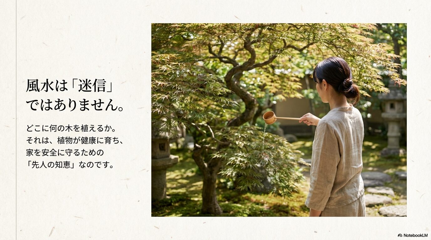 庭木に水やりをする女性。風水は植物が健康に育ち家を守るための先人の知恵です。