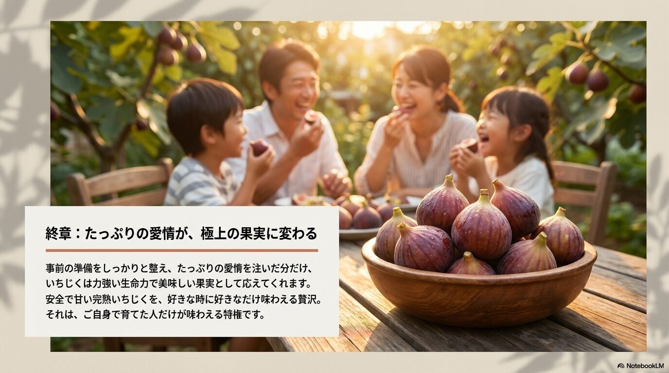 庭で収穫したたっぷりの完熟いちじくをテーブルに並べ、笑顔で味わう家族の風景
