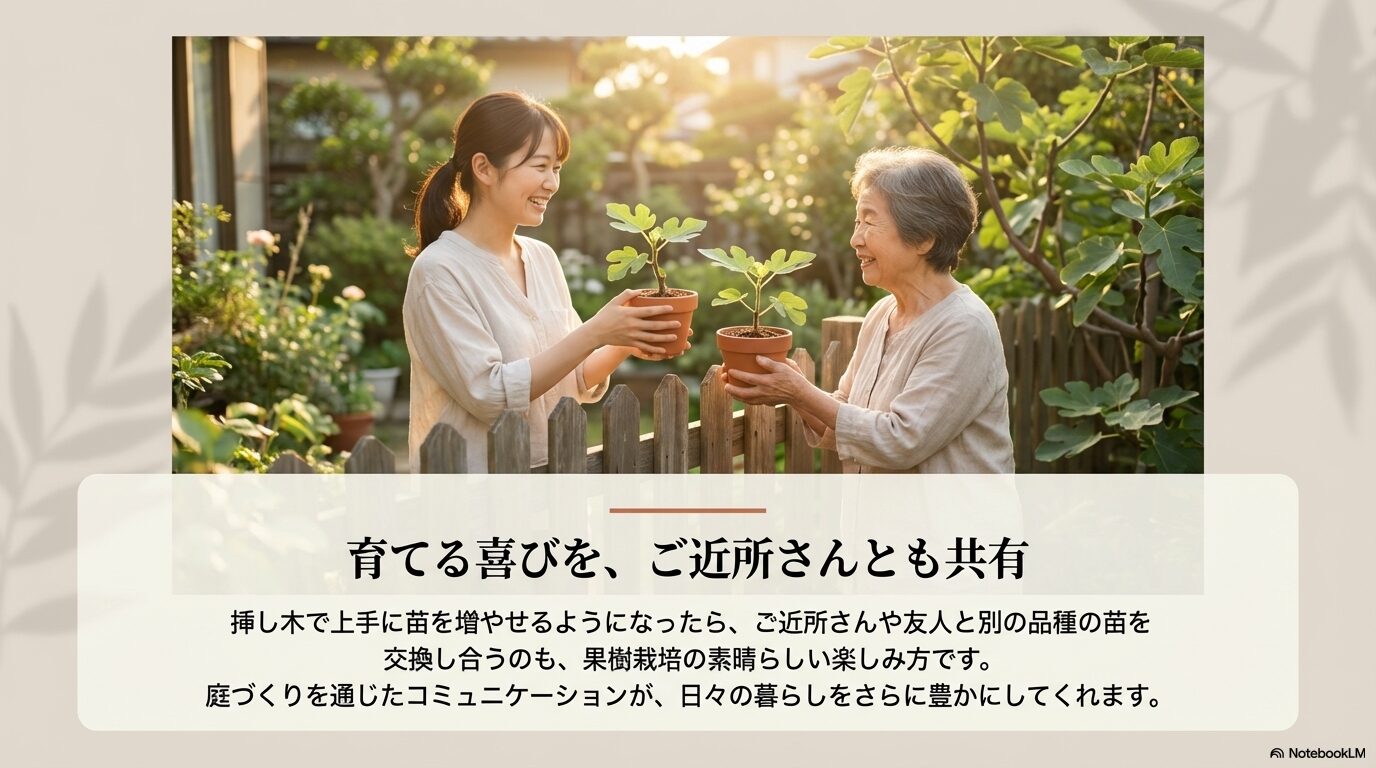 挿し木で増やした鉢植えのいちじくの苗木を笑顔で交換し合う二人の女性