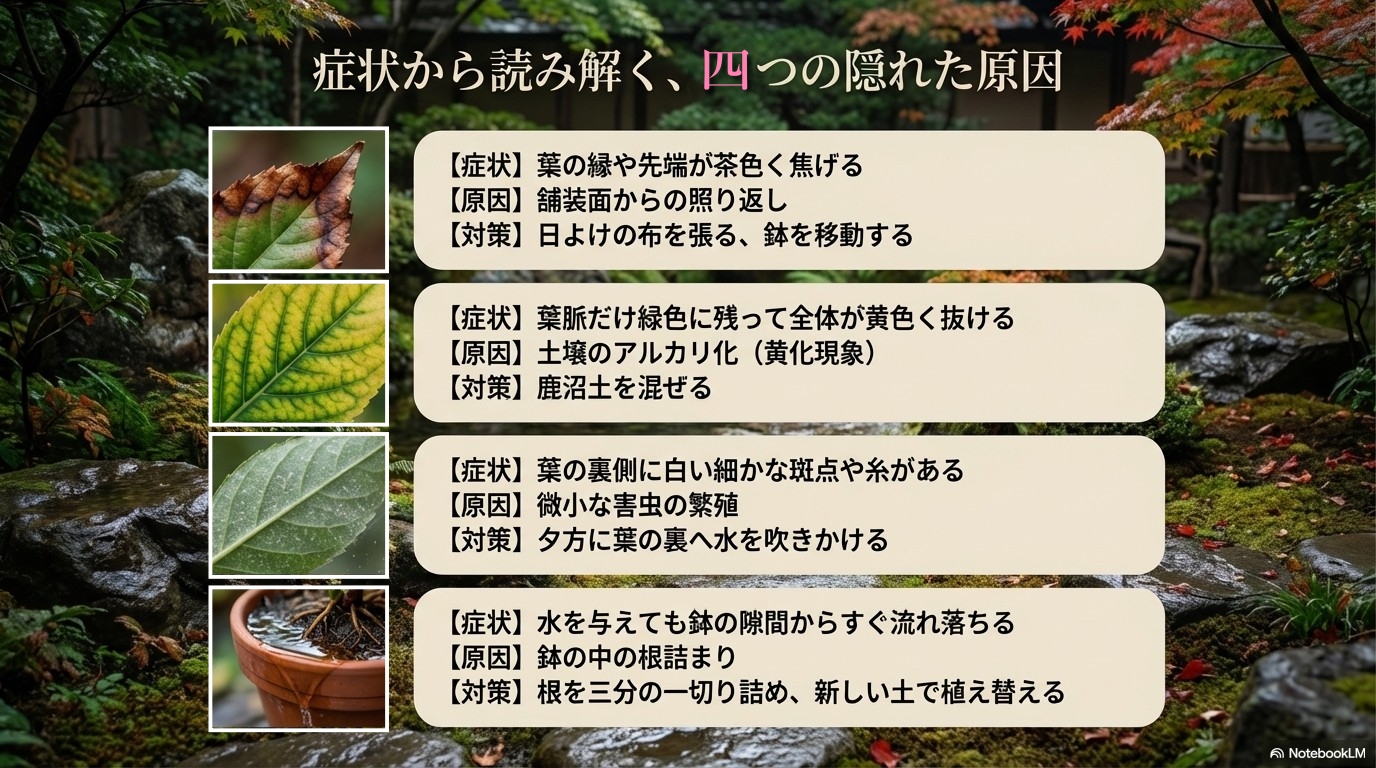 葉の縁の焦げや黄化現象などドウダンツツジの症状から読み解く4つの原因と対策の早見表