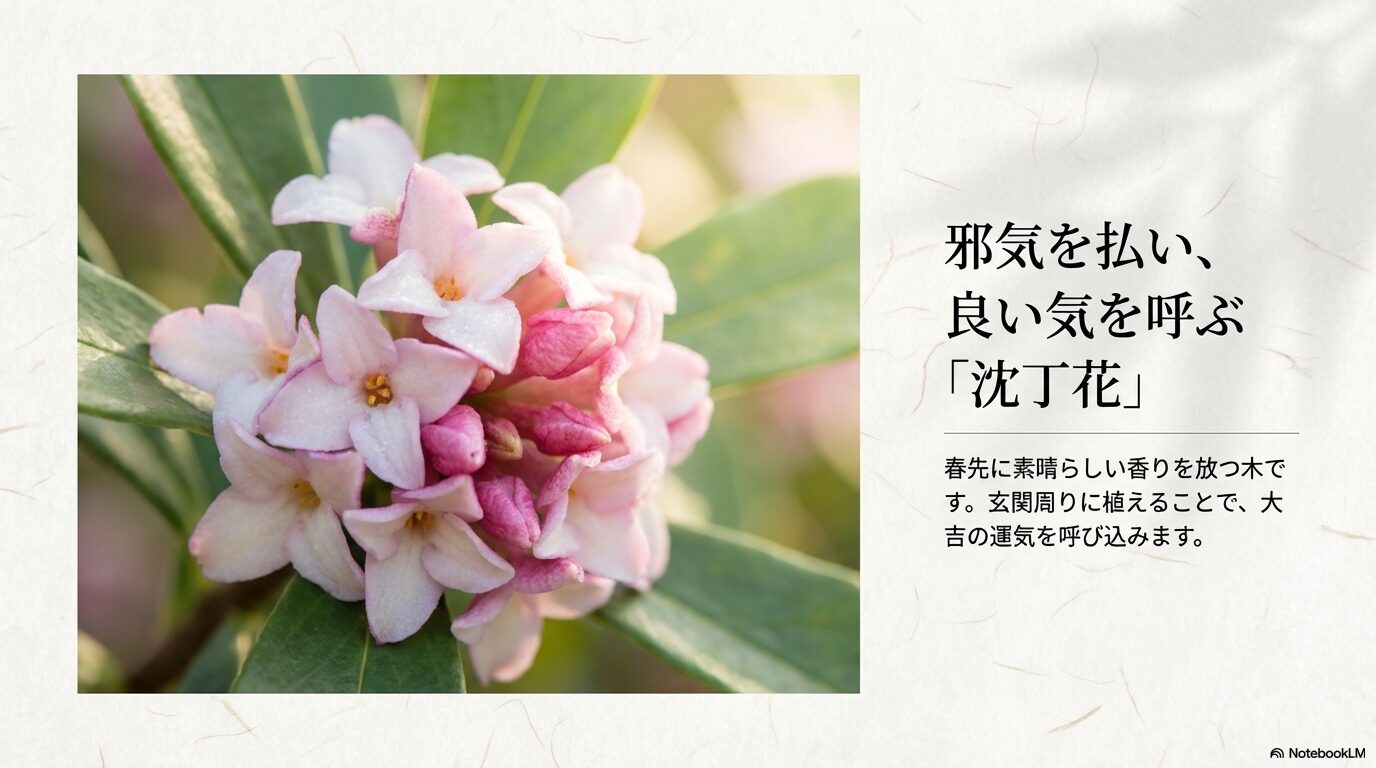 ピンク色の沈丁花。玄関周りに植えることで邪気を払い良い気を呼び込む香りの浄化。