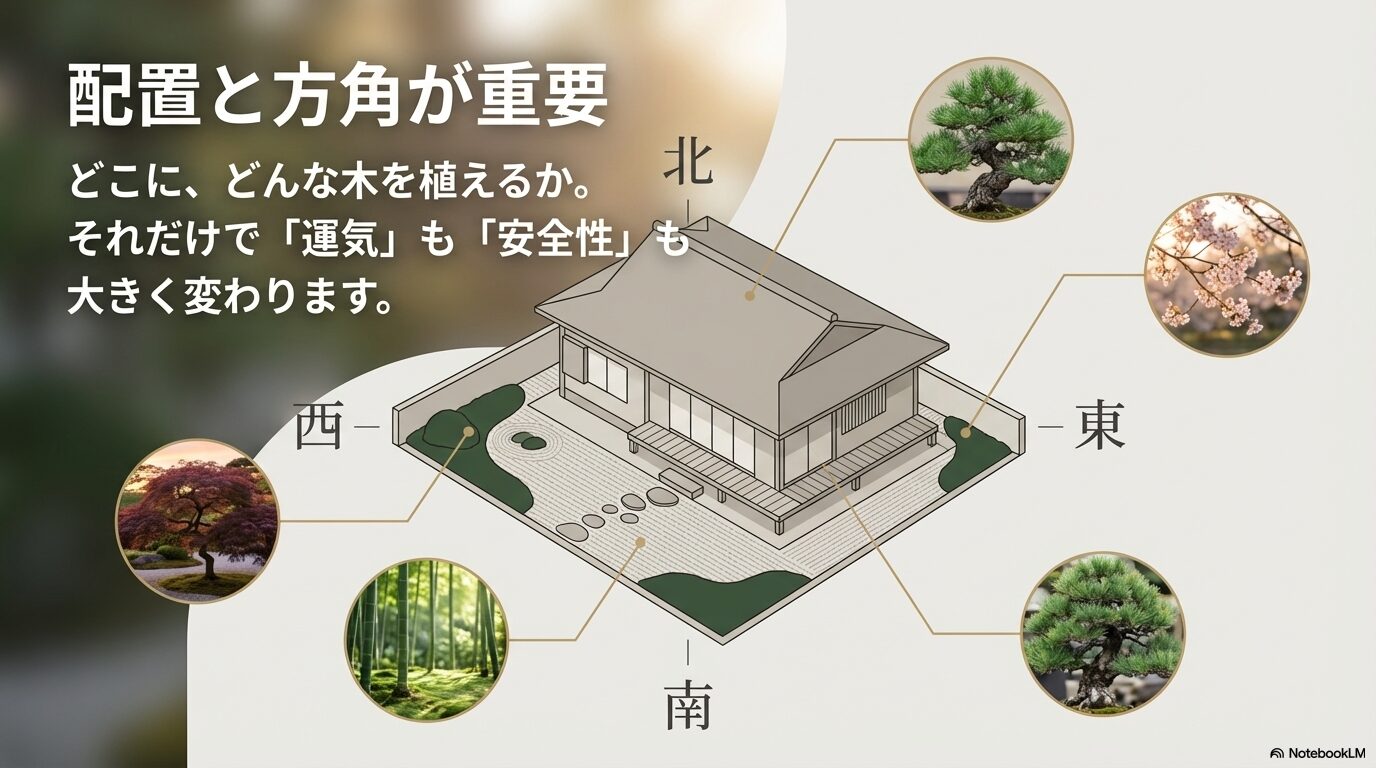 庭木の配置と方角が重要。東西南北どこにどんな木を植えるかで運気と安全性が変わる