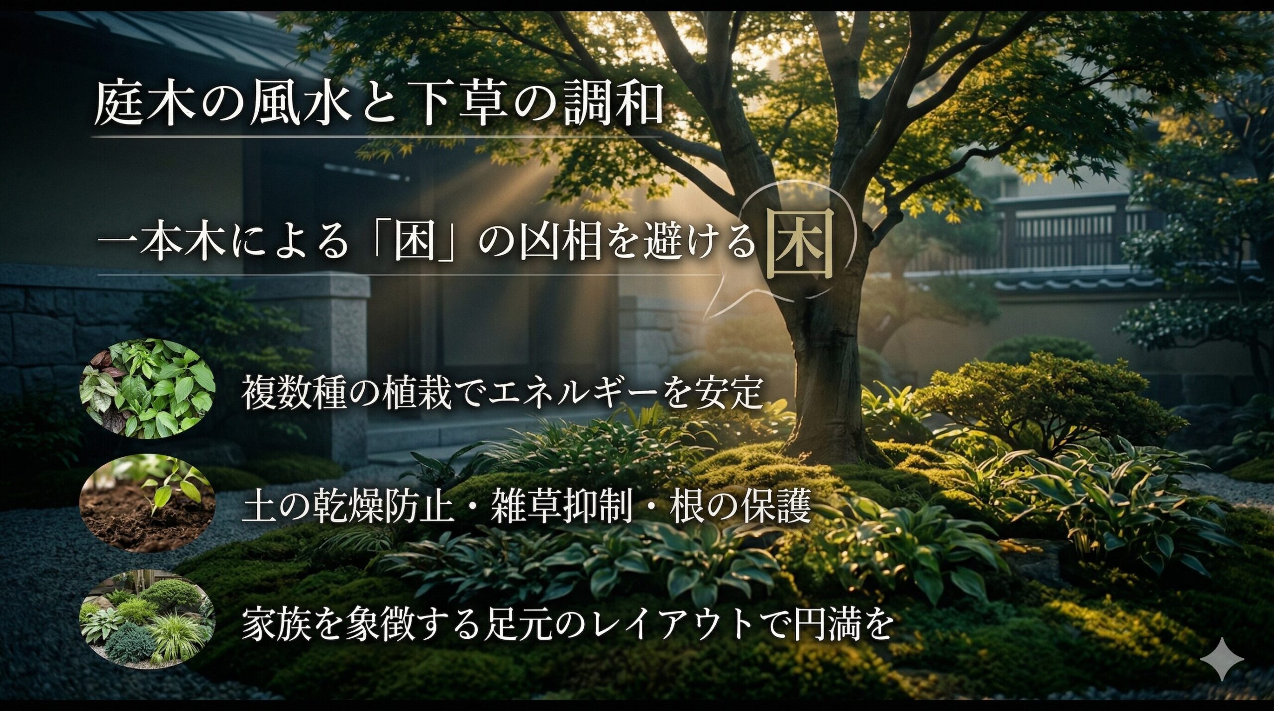 和風庭園のシンボルツリーとその根元を彩る下草を写した、映画のワンシーンのようなシネマティックなスライド画像。ドラマチックな光が差し込み、風水の要点をまとめたテキストが配置されています。「一本木による『困』の凶相を避ける」というタイトルと共に、根元に植物を植えることのメリット（エネルギーの安定、土の乾燥防止、根の保護、家族円満）が簡潔に解説されています。