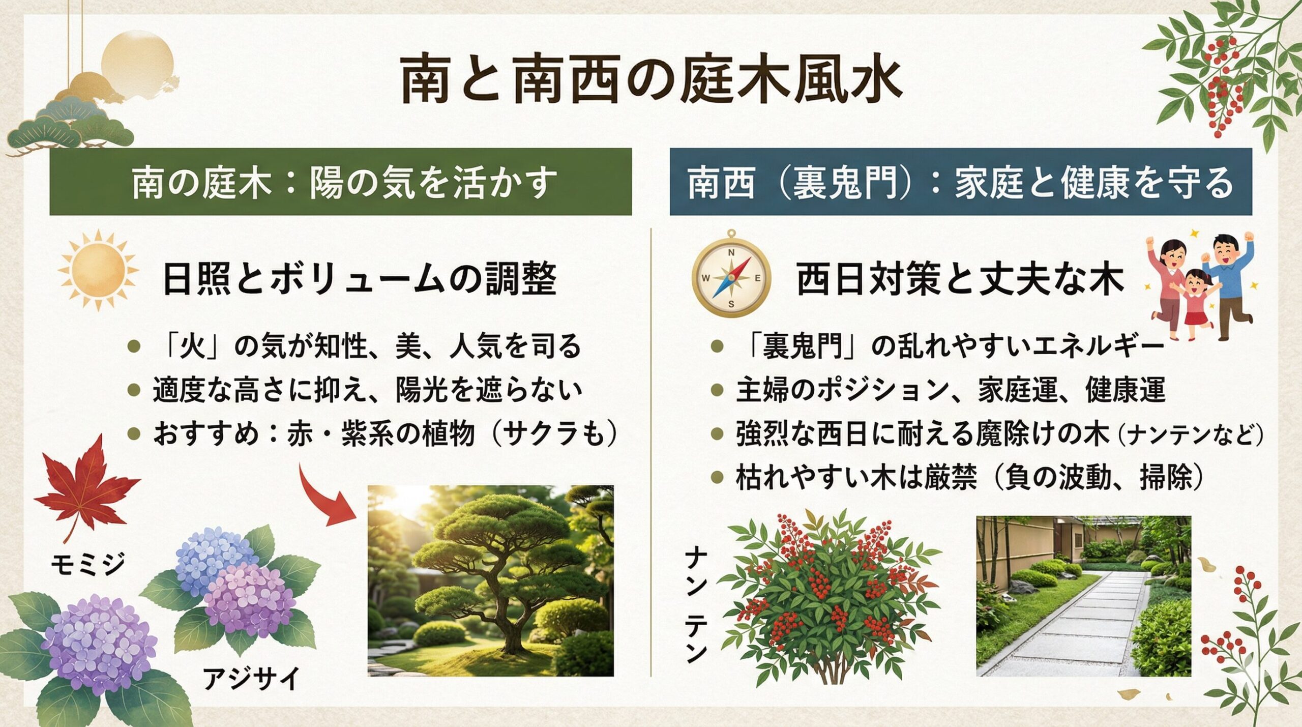 南と南西の庭木風水に関するスライド画像。南の庭木は陽の気を遮らないようボリューム調整し知性・美・人気運を高め、モミジ・アジサイ・サクラが推奨。南西（裏鬼門）は家庭・健康運に直結し、枯れやすい木は避け、丈夫なナンテンなどを植え掃除することを解説。