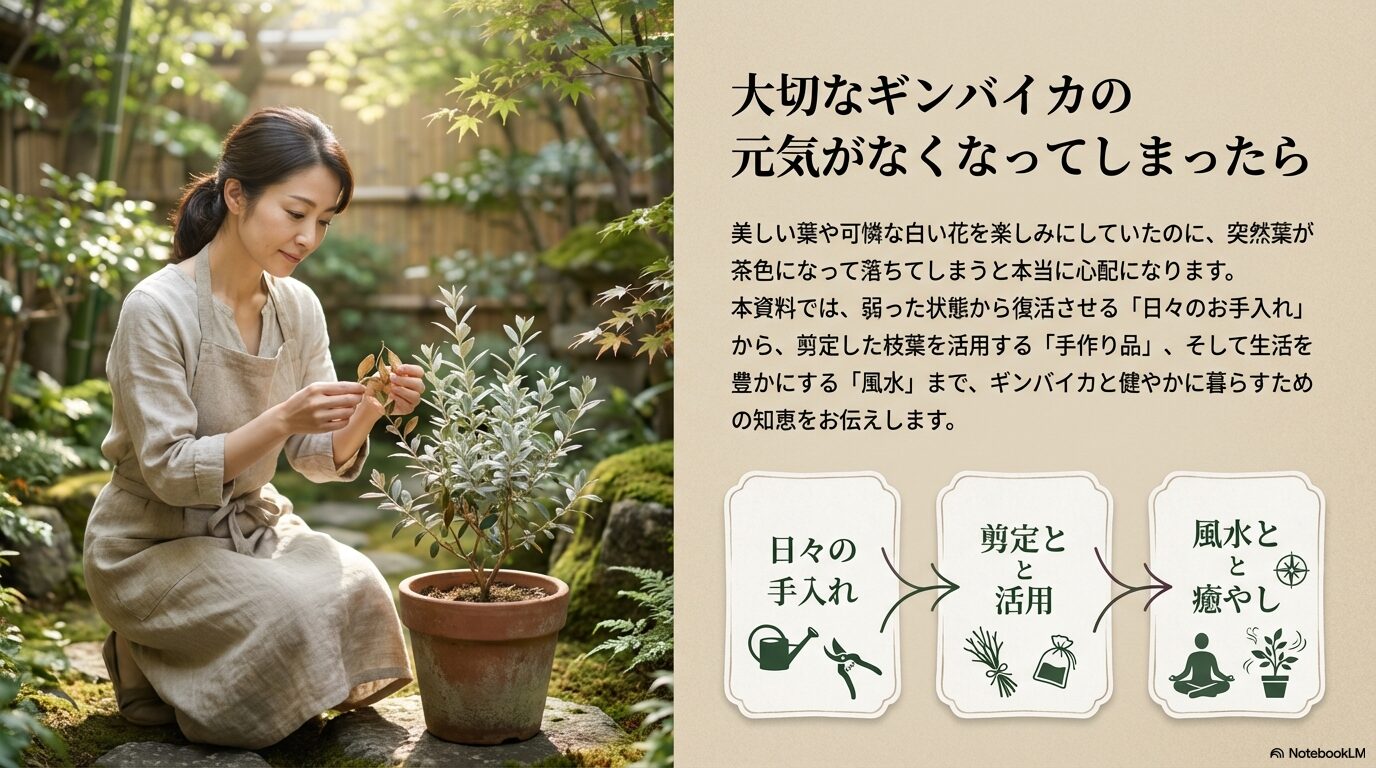 女性が鉢植えのギンバイカを手入れしている様子と、日々のお手入れから剪定・活用、風水・癒やしへのステップを示す図