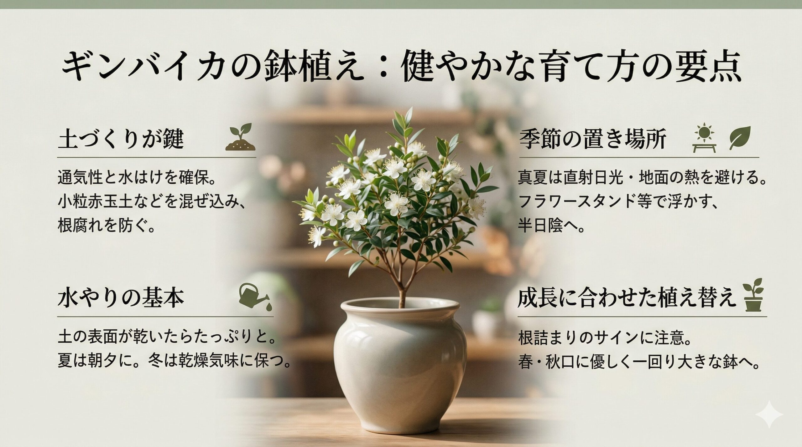 ギンバイカの鉢植えでの育て方に関する要点スライド