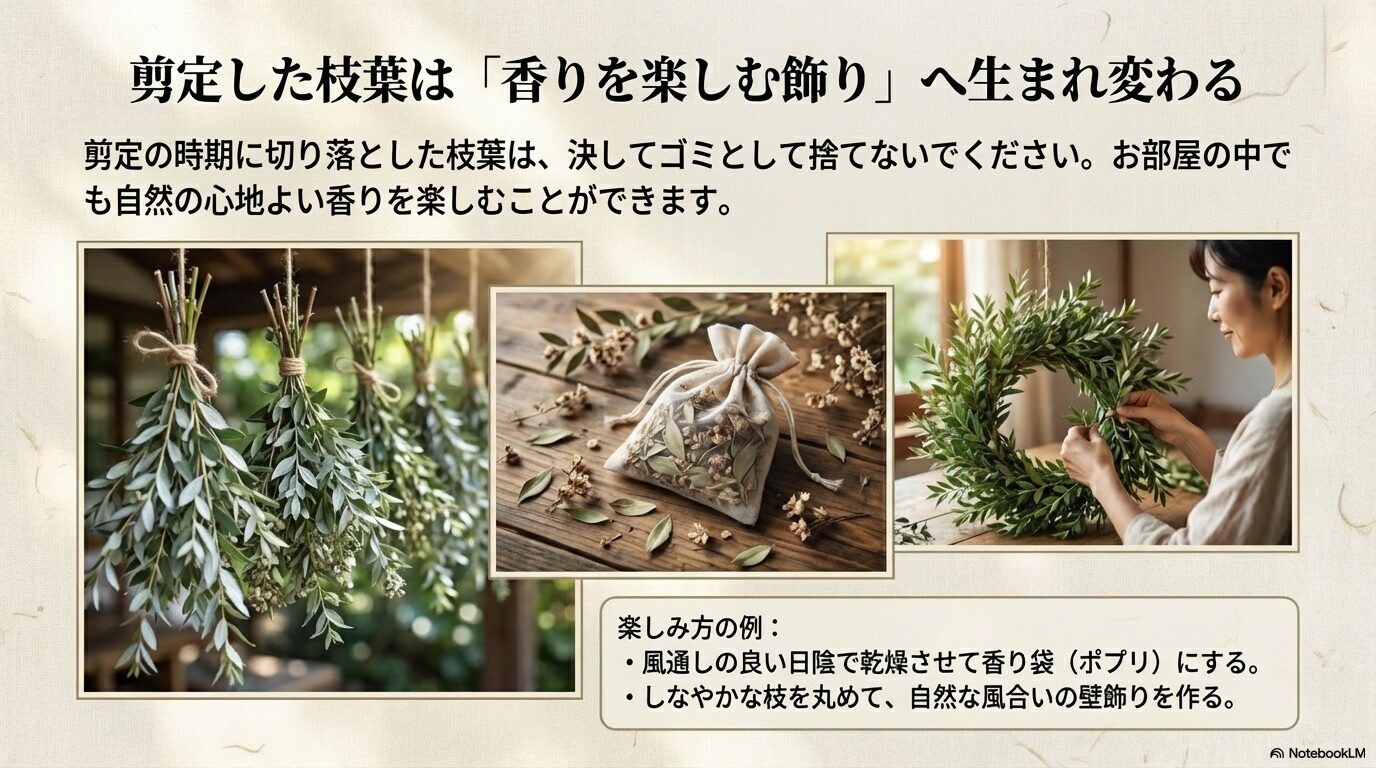 ギンバイカの剪定した枝葉で作ったポプリとリースの手作り作品