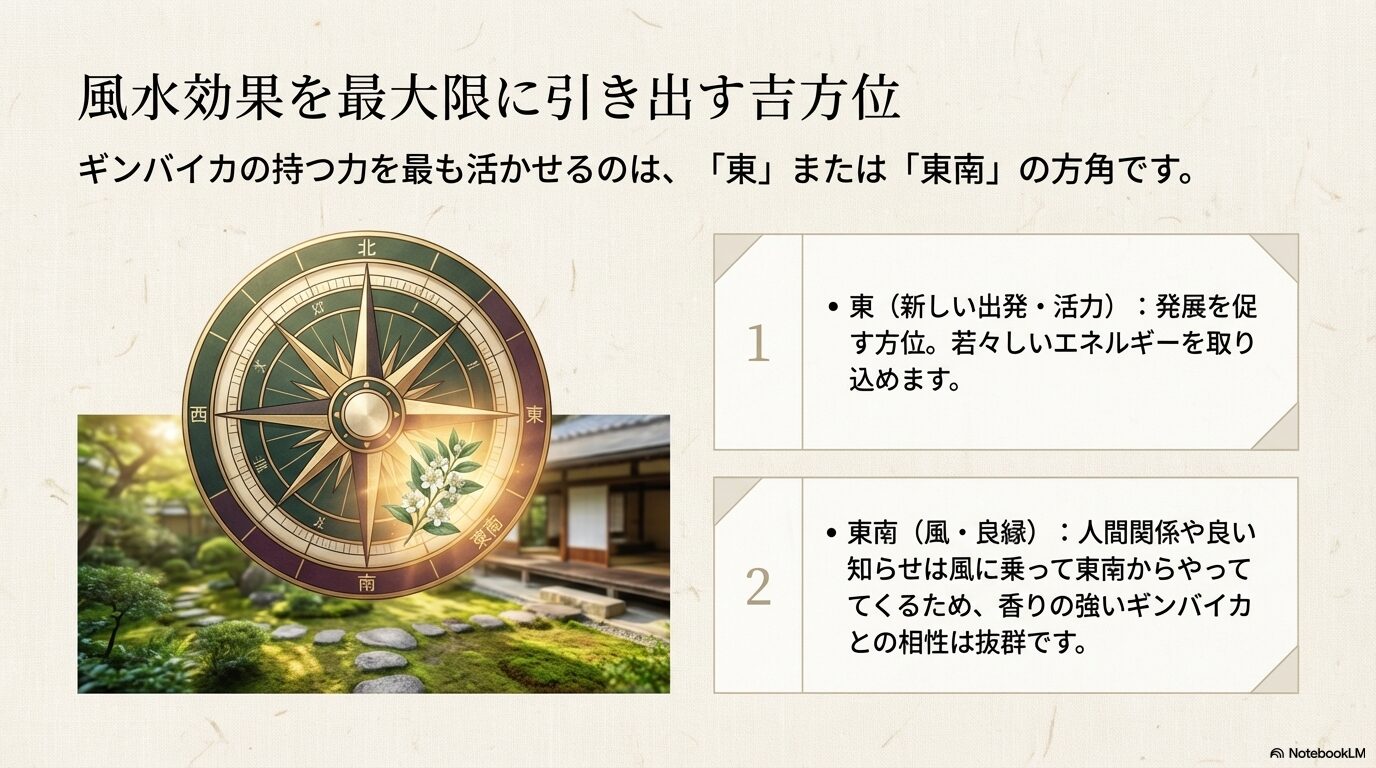東と東南がギンバイカの風水効果を最大限に引き出す吉方位であることを示す方位磁針の図