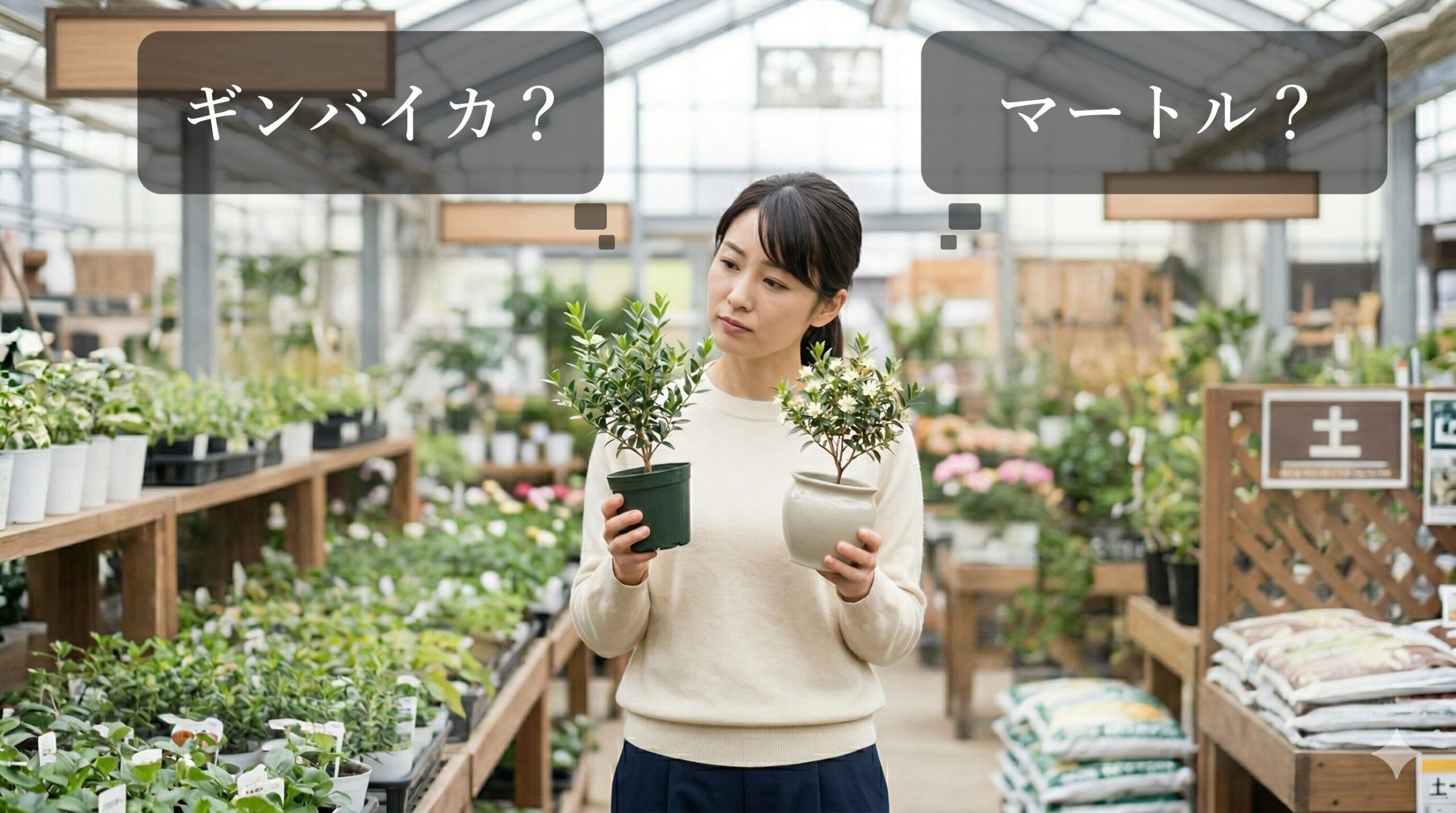 ホームセンターの苗木売り場でギンバイカとマートルの違いで悩む女性