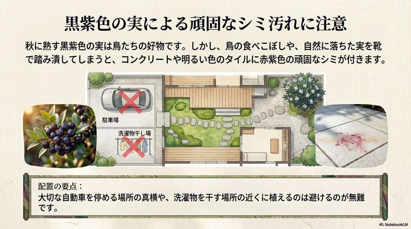 秋に熟したギンバイカの黒紫色の実のアップ画像