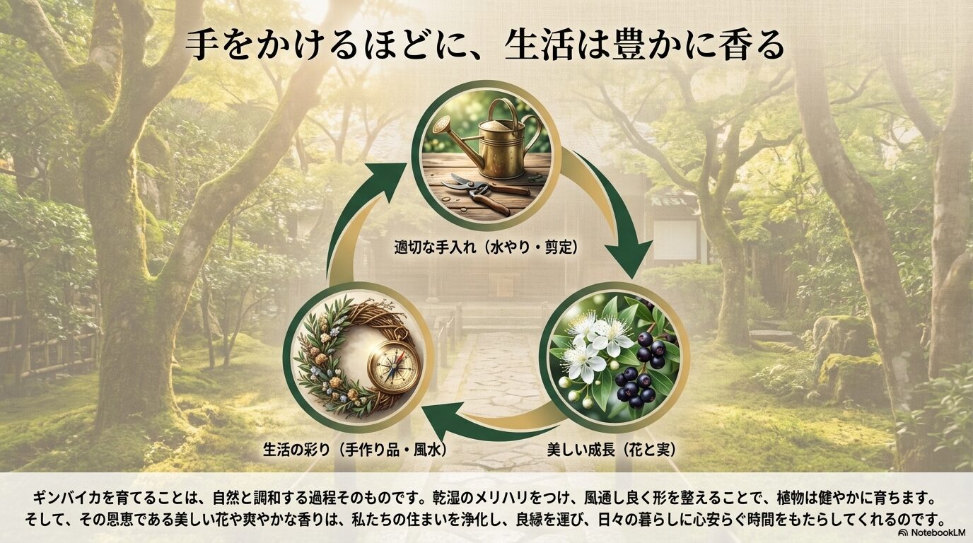 ジョウロや剪定バサミ、リース、花と実など、ギンバイカを育てることで得られる豊かな生活を表現したイメージ