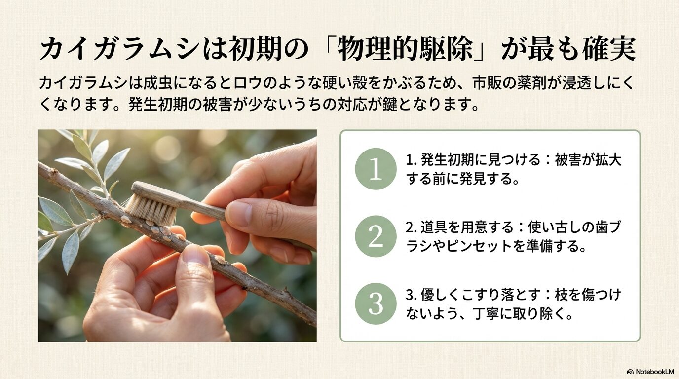 ギンバイカの枝についたカイガラムシを使い古しの歯ブラシで優しくこすり落としている様子