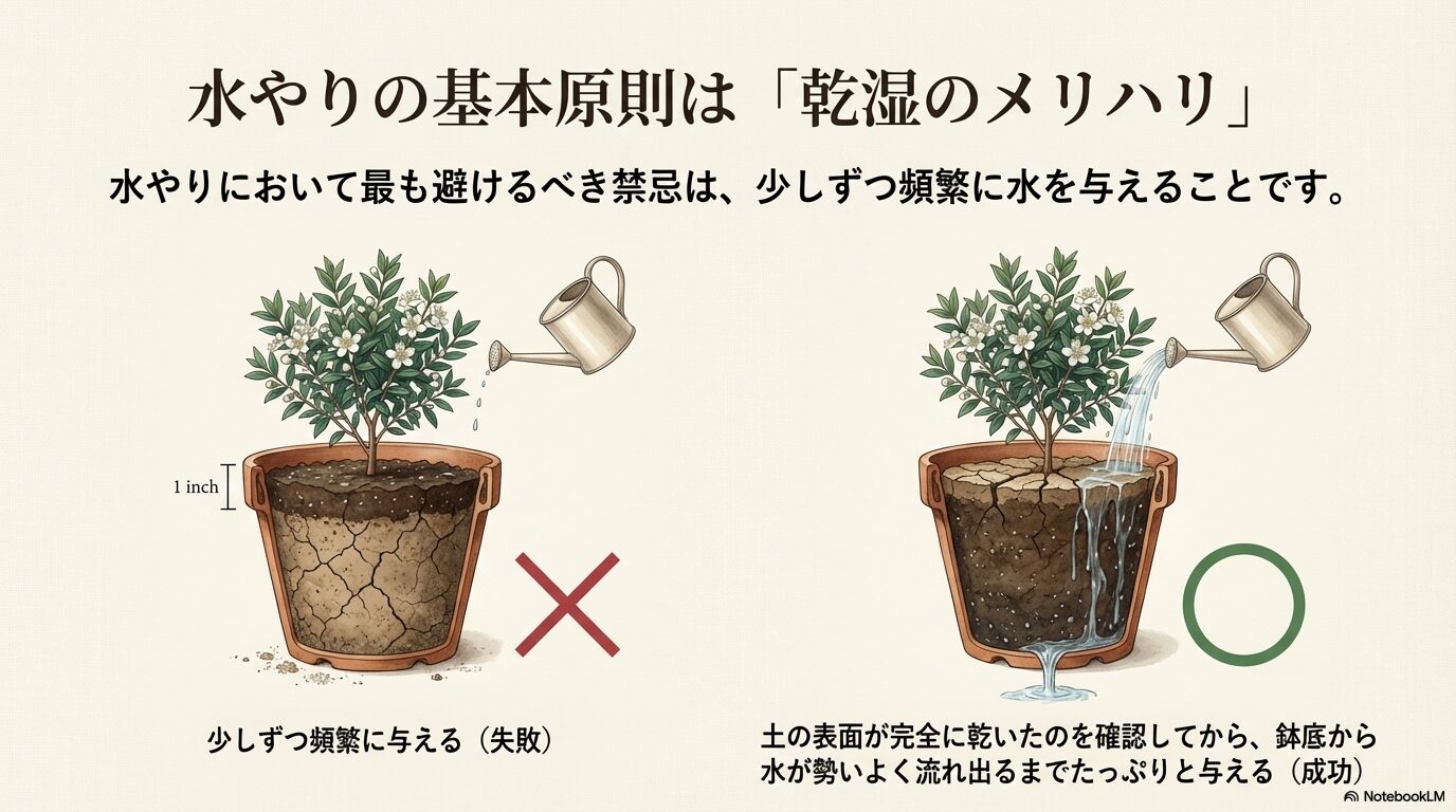 鉢植えのギンバイカに対する水やりの良い例（底から水が出るまでたっぷりと）と悪い例（少しずつ頻繁に与える）の比較図