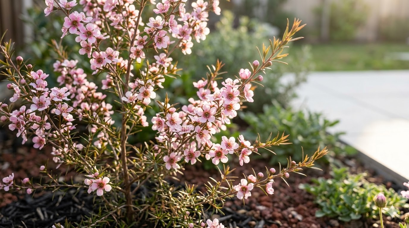 春の陽光を浴びて、ピンクと白の梅に似た小さな花を枝いっぱいに咲かせ、繊細な葉を茂らせるギョリュウバイ。栽培のコツを実践することで、このような美しい姿を長く楽しむことができる。