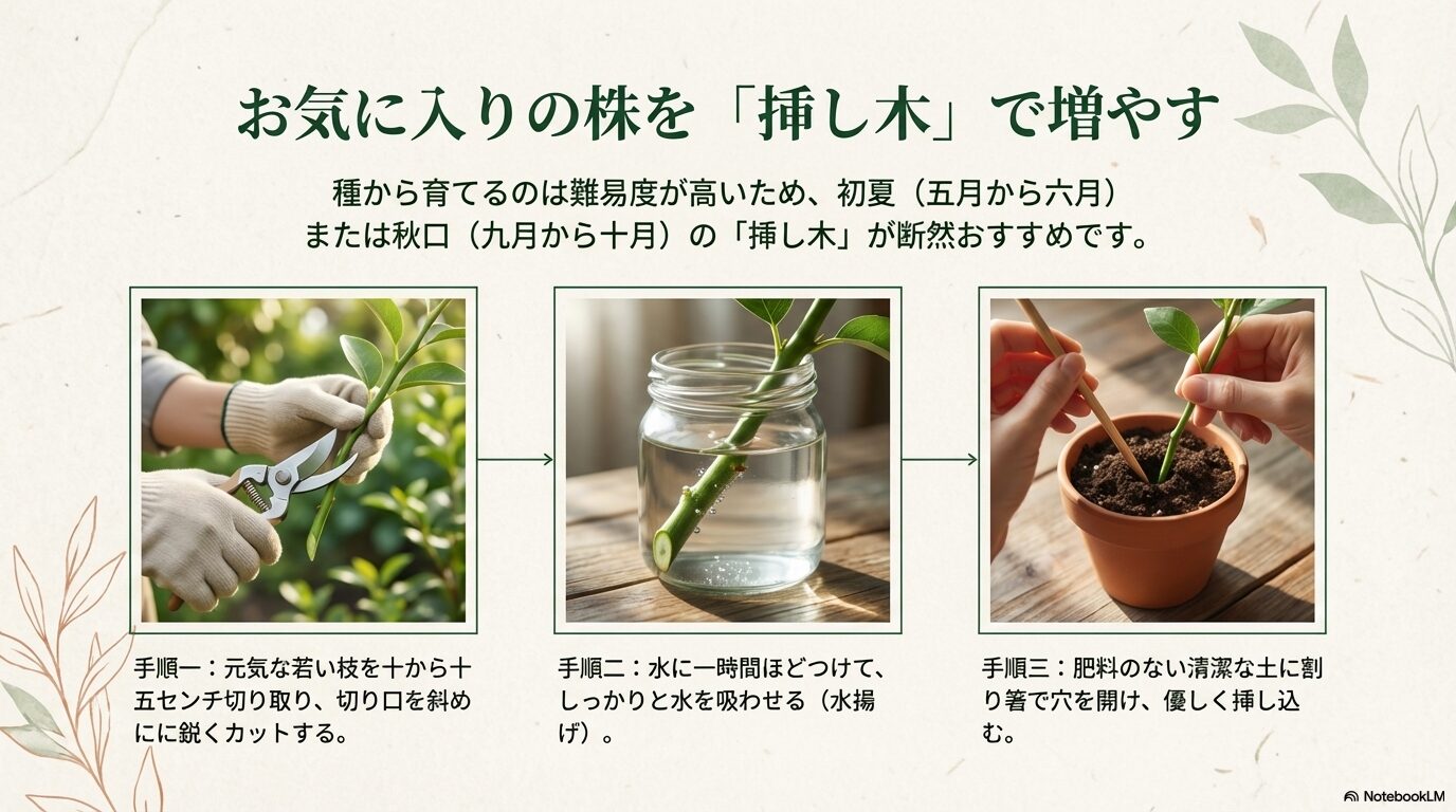 ギョリュウバイの若い枝を使った挿し木の手順