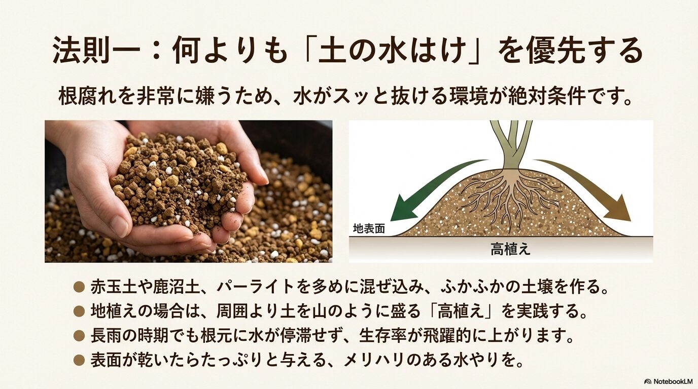 ギョリュウバイの土の水はけを優先する高植えの方法