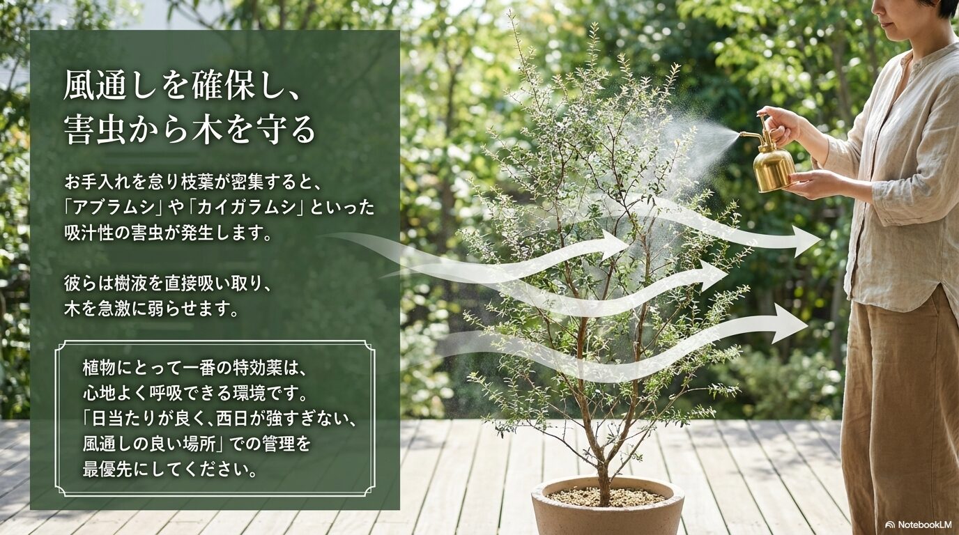 ギョリュウバイの風通しを確保しアブラムシやカイガラムシなどの害虫から守る