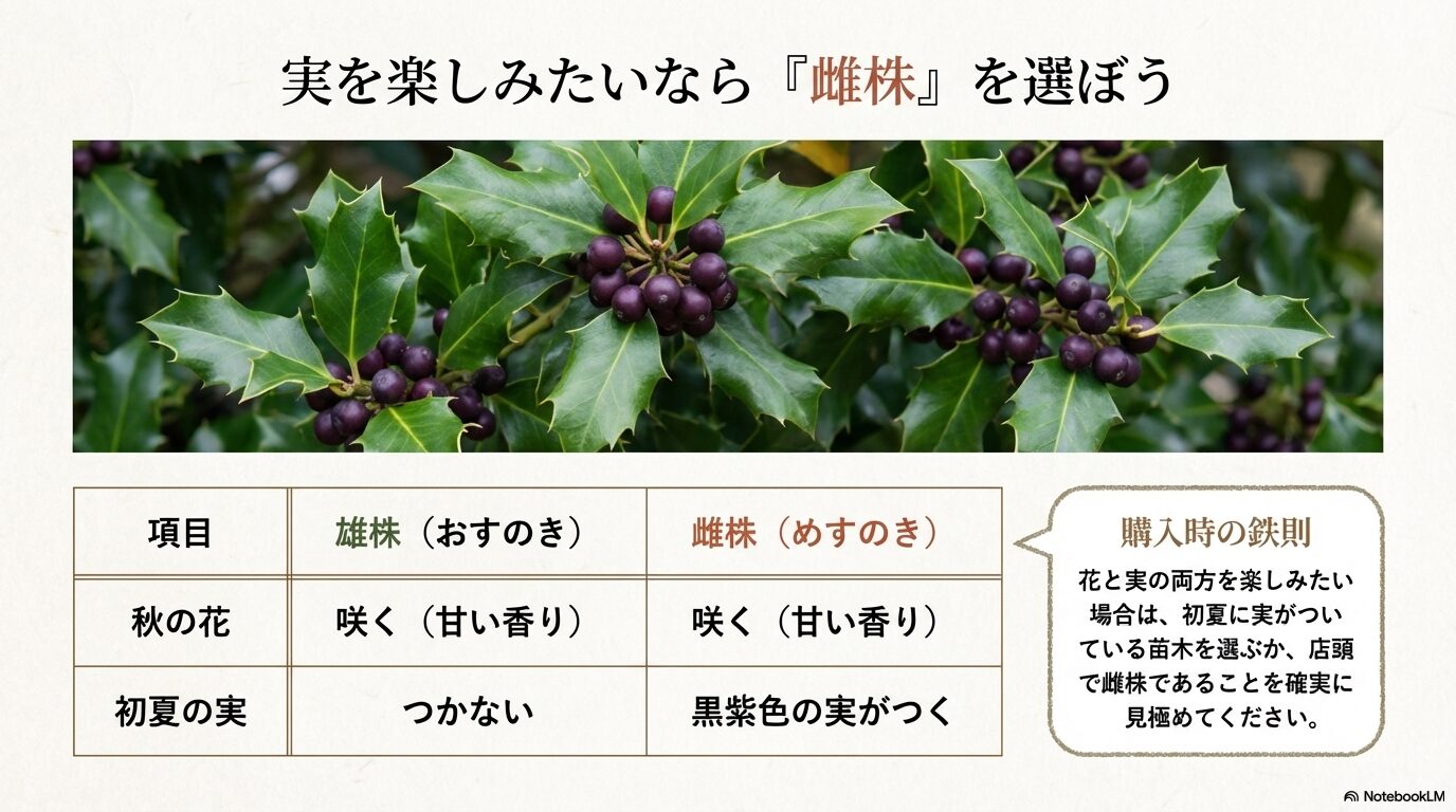 雄株と雌株の比較表。黒紫色の実がたくさんついたヒイラギの写真