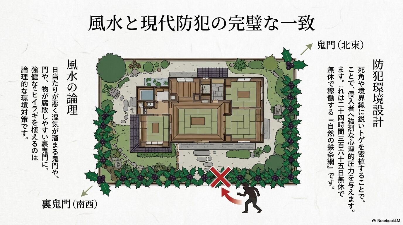 鬼門（北東）と裏鬼門（南西）にヒイラギを植栽し、侵入者を防ぐ家の間取り図