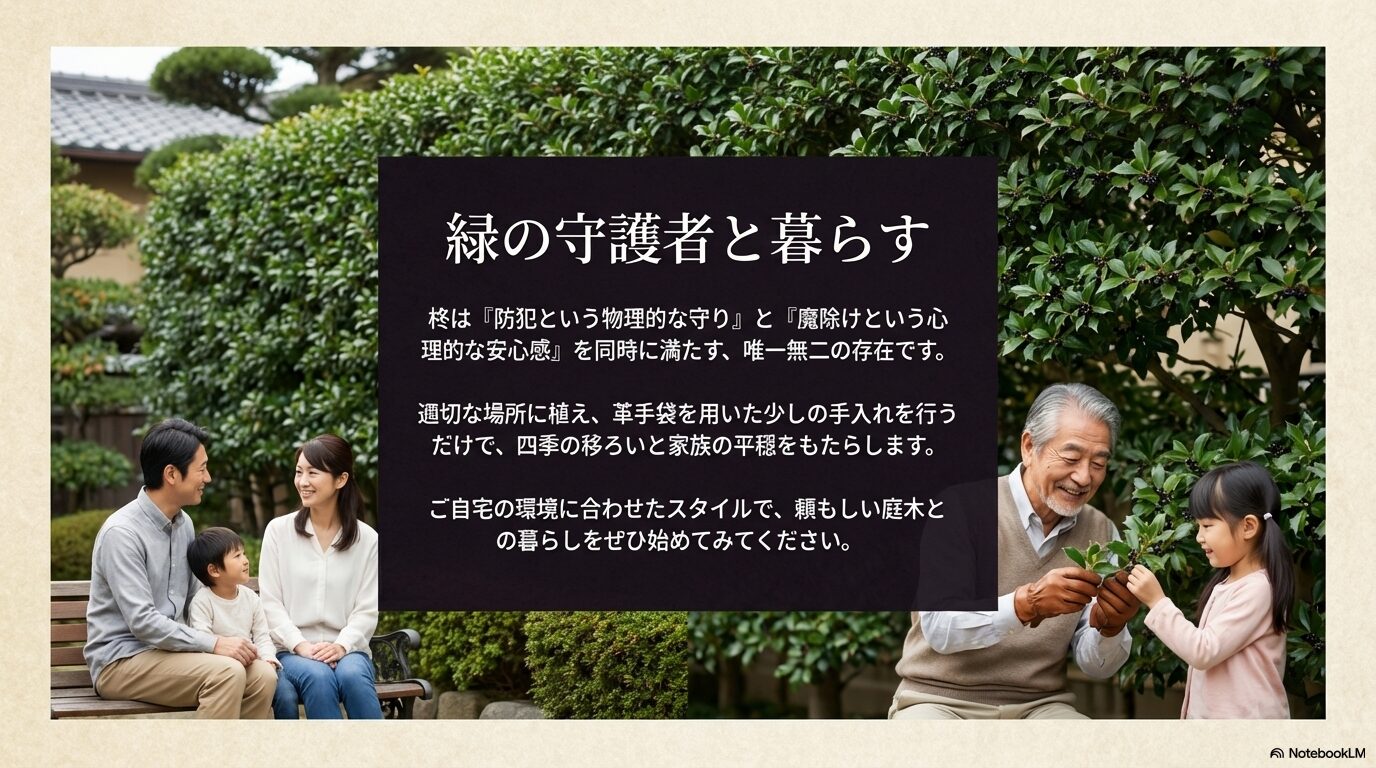 防犯という物理的な守りと魔除けという心理的な安心感をもたらす、緑の守護者と暮らすまとめスライド