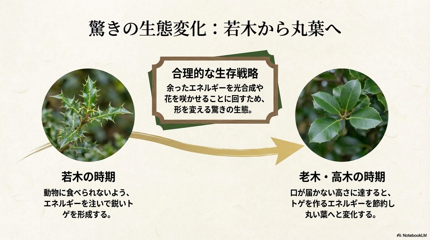 ヒイラギのトゲのある若木時代と、トゲが消えて丸葉になった老木時代の比較画像