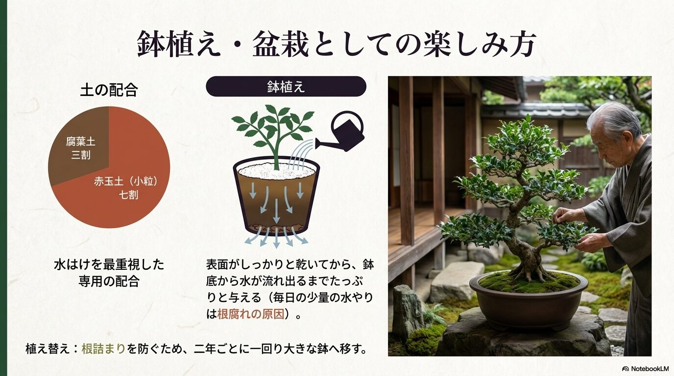 赤玉土7割と腐葉土3割の土の配合円グラフ、鉢底から水が流れ出るまで水やりをするイラスト、ヒイラギの盆栽を手入れする様子