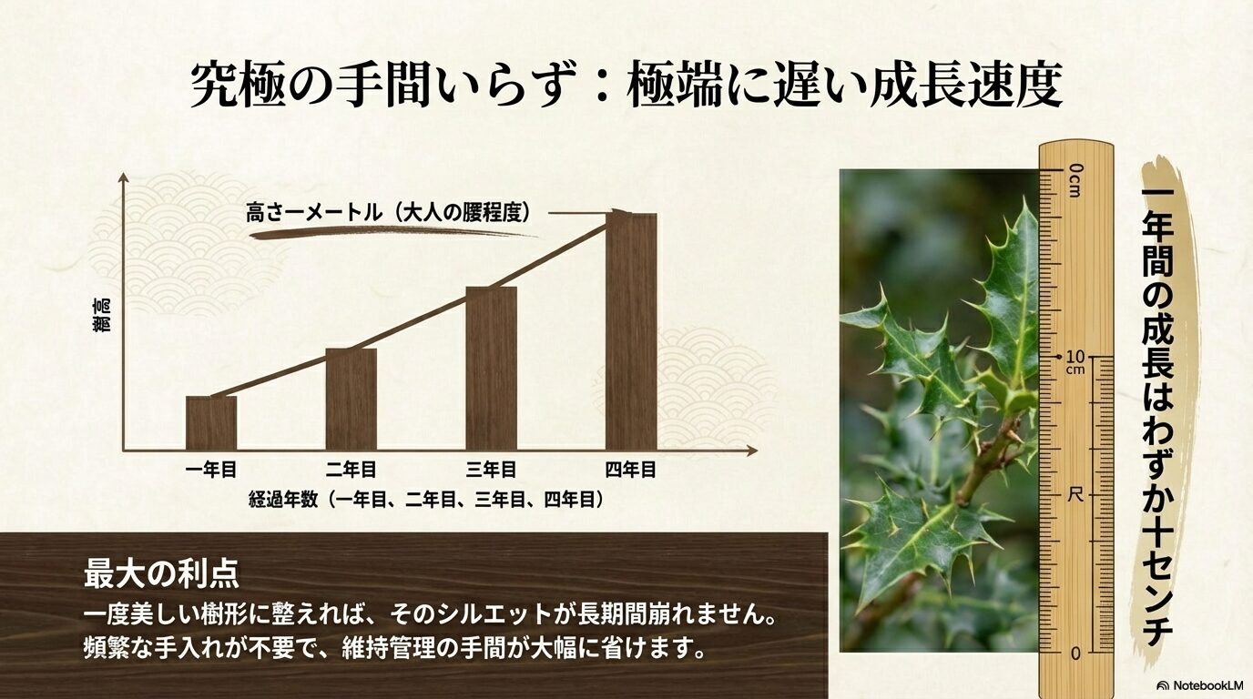 ヒイラギが1年で10センチしか成長せず、4年目で高さ1メートルに達することを示すグラフ