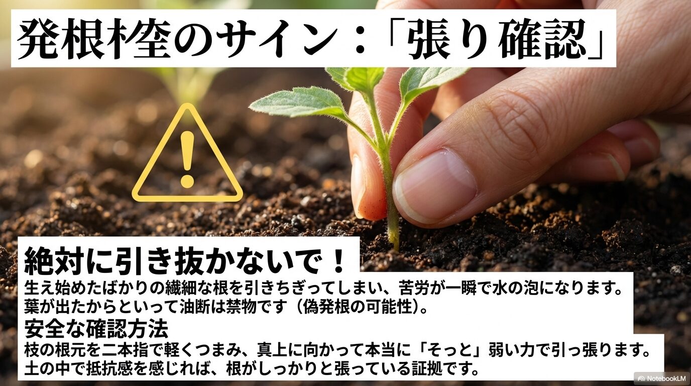 絶対に枝を引き抜かず、枝の根元を軽くつまんでそっと引っ張り抵抗感を確認する安全な発根サインの見極め方