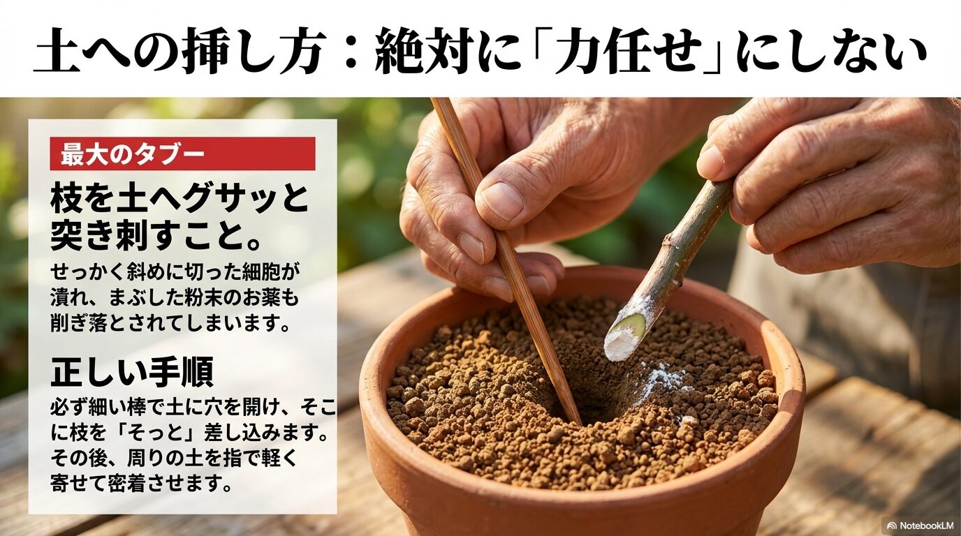 土へ挿す際は力任せにせず、必ず細い棒で土に穴を開けてから枝をそっと差し込む正しい手順