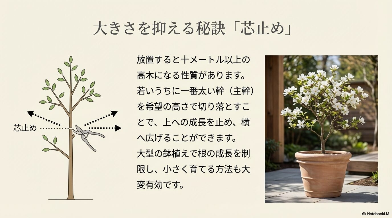 若いうちに主幹を希望の高さで切り落とし大きさを抑える芯止めと大型の鉢植えでの栽培