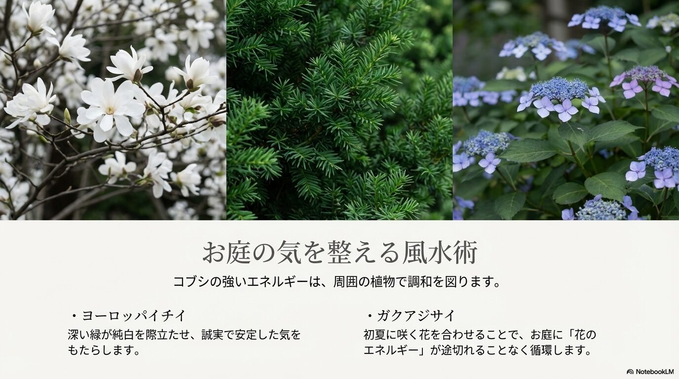 コブシの強いエネルギーと調和するヨーロッパイチイやガクアジサイによる風水術