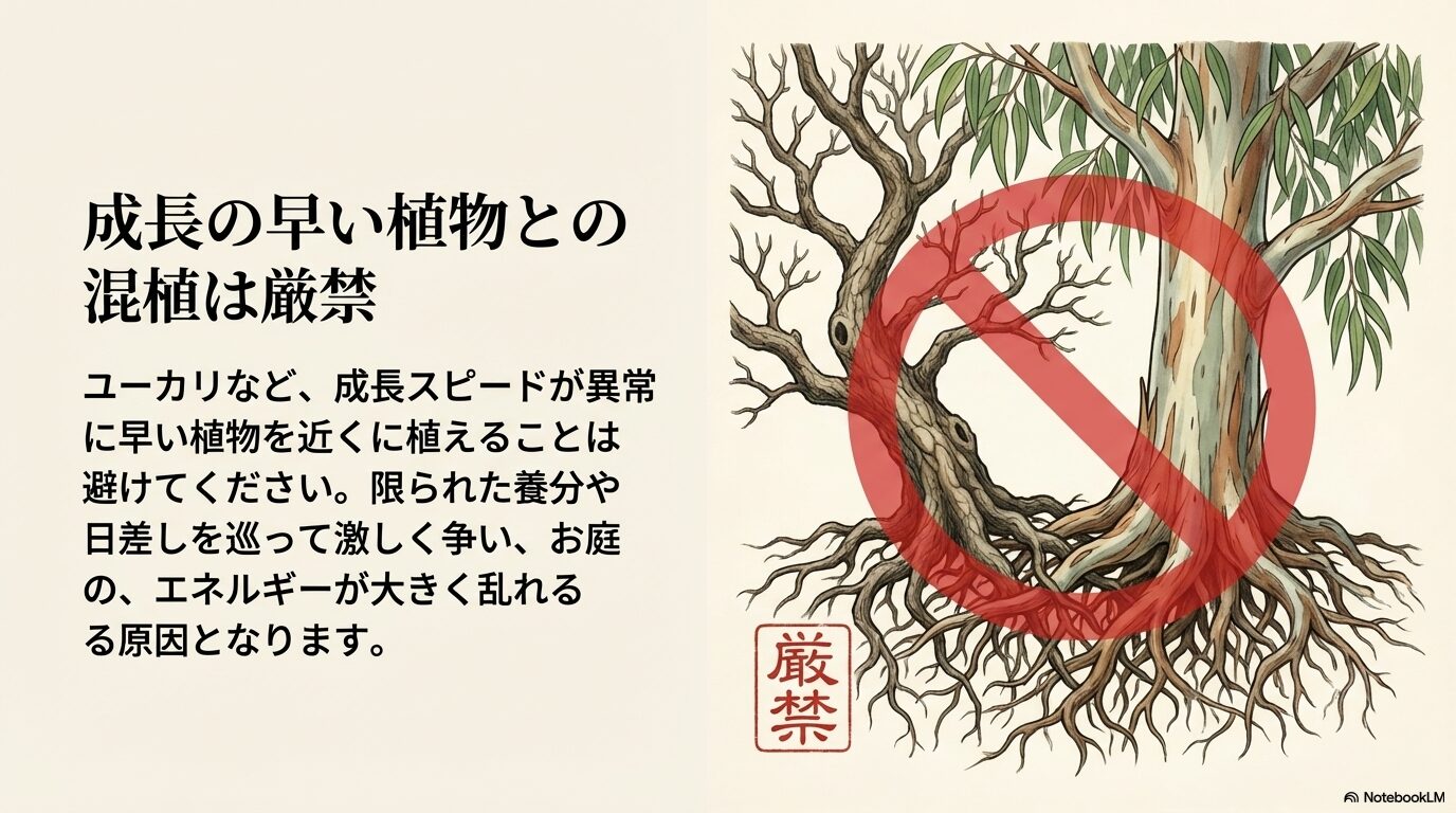 エネルギーが大きく乱れるためユーカリなど成長の早い植物との混植は厳禁