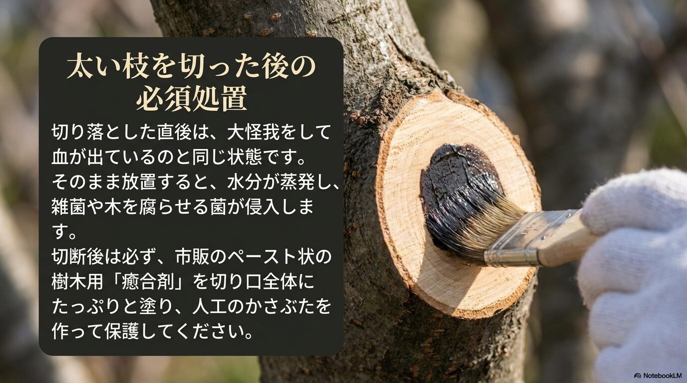 水分の蒸発や雑菌の侵入を防ぐために切り口全体にたっぷりと癒合剤を塗る必須処置