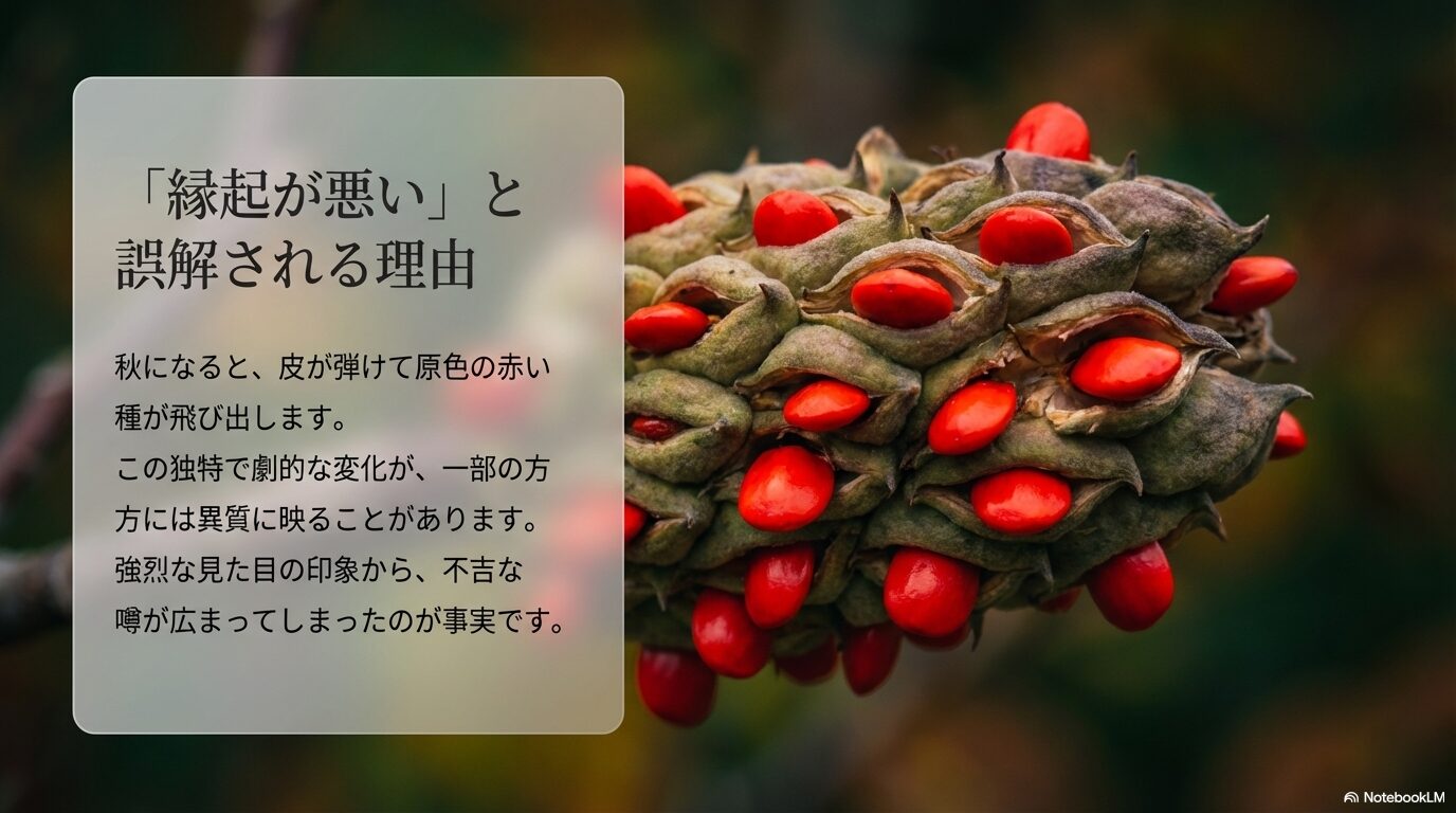 皮が弾けて原色の赤い種が飛び出す独特な変化から縁起が悪いと誤解される理由