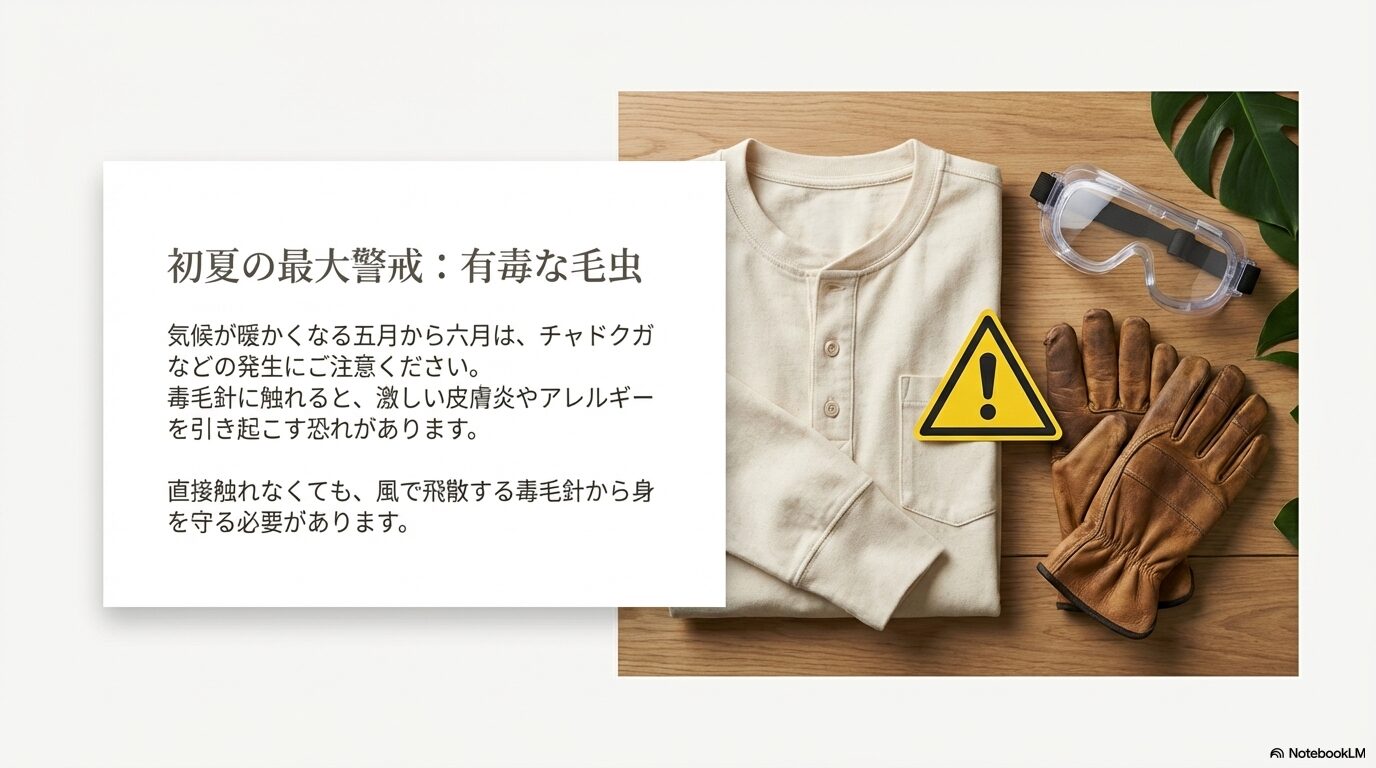 初夏に発生しやすいチャドクガなどの有毒な毛虫への警戒と皮膚炎リスク