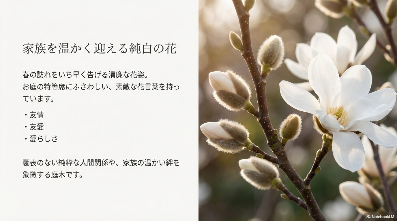 家族を温かく迎える純白のコブシの花と花言葉（友情・友愛・愛らしさ）