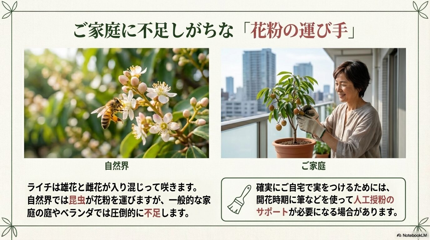 家庭で不足しがちなライチの花粉の運び手と人工授粉の必要性の写真と解説