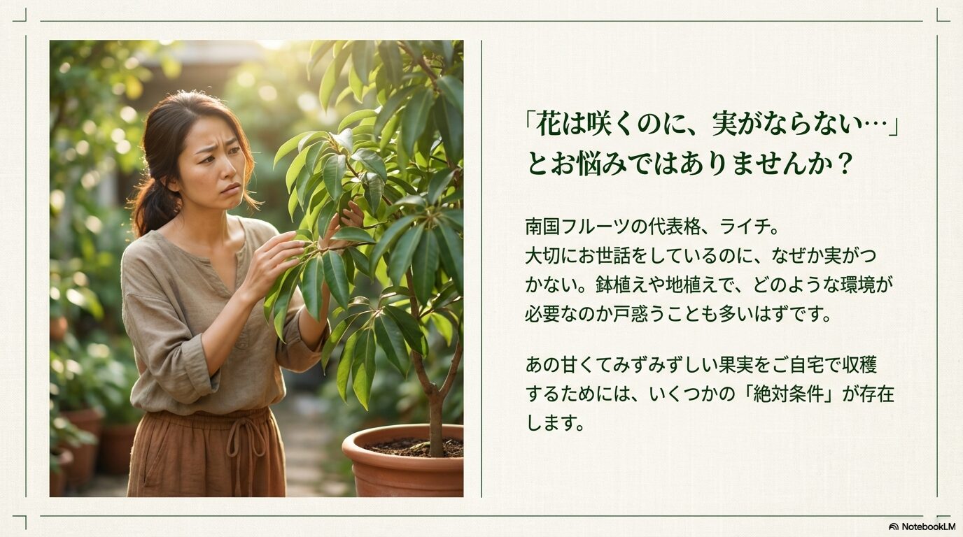 ライチの花は咲くのに実がならないとお悩みの方へ（悩む女性の写真）