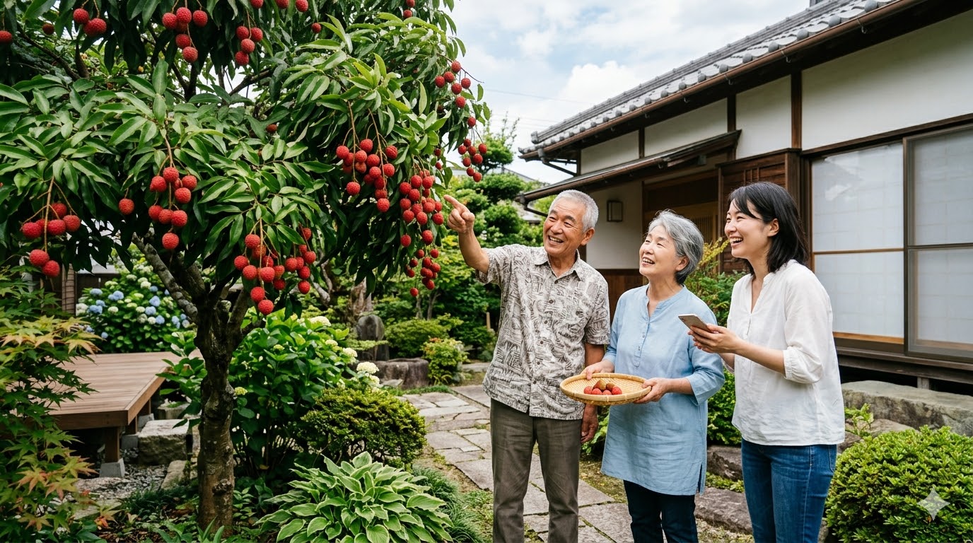 日本の家庭の庭で、地植えされたライチの木に鈴なりに実った赤い果実を指差しながら、笑顔で感想を語り合う日本人の家族の様子。女性はスマホを手に持ち、ザルには収穫されたライチが入っている。背景には和風の住宅が見える。