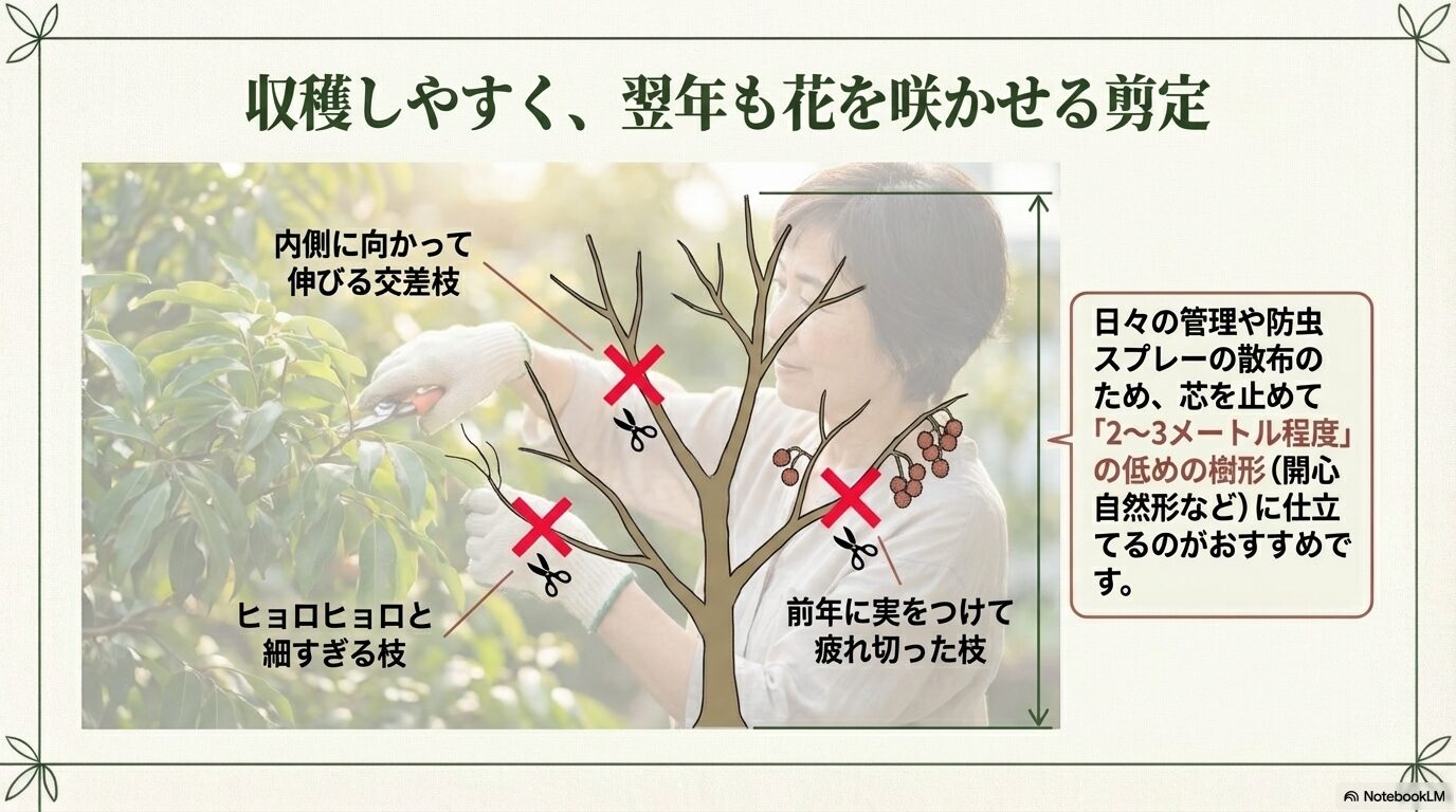 ライチの収穫しやすく翌年も花を咲かせるための剪定方法の写真と解説