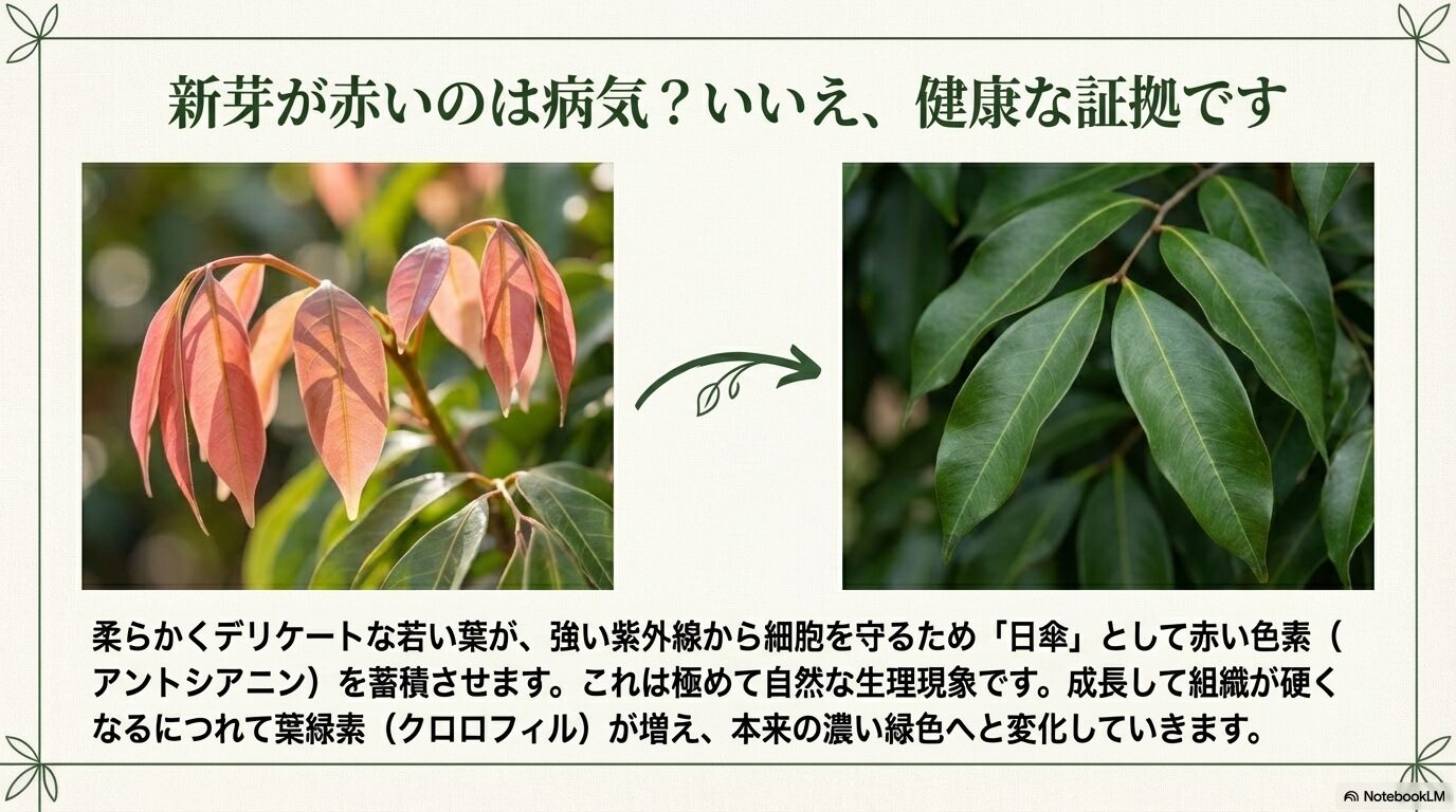 ライチの新芽が赤いのは健康な証拠（アントシアニン）の写真と解説