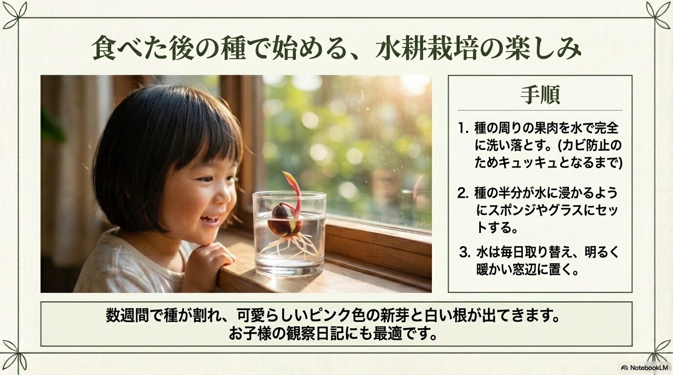 食べた後のライチの種を使った水耕栽培の手順と楽しみ方の写真と解説